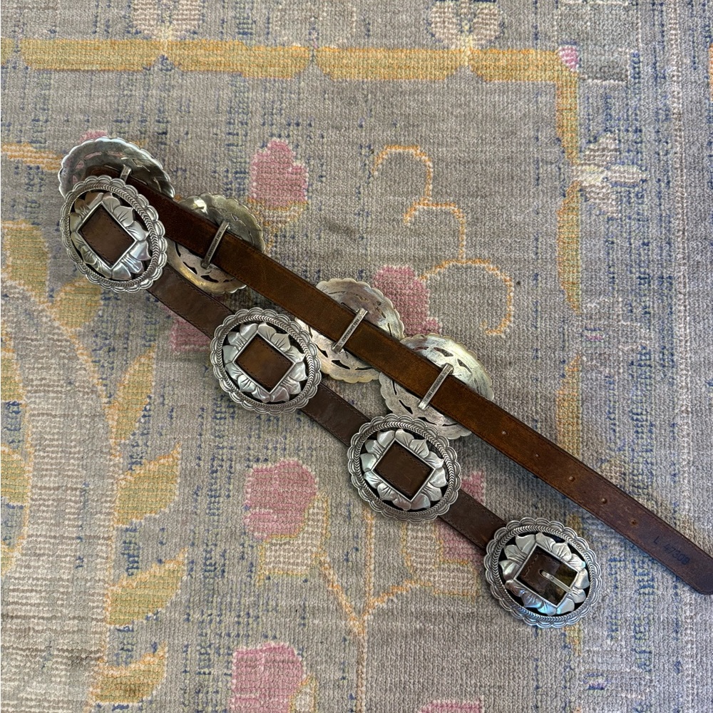 Brighton 1993 Sunflower Western Brown Leather Concho Belt Silver-Tone Buckles - Picture 2 of 9